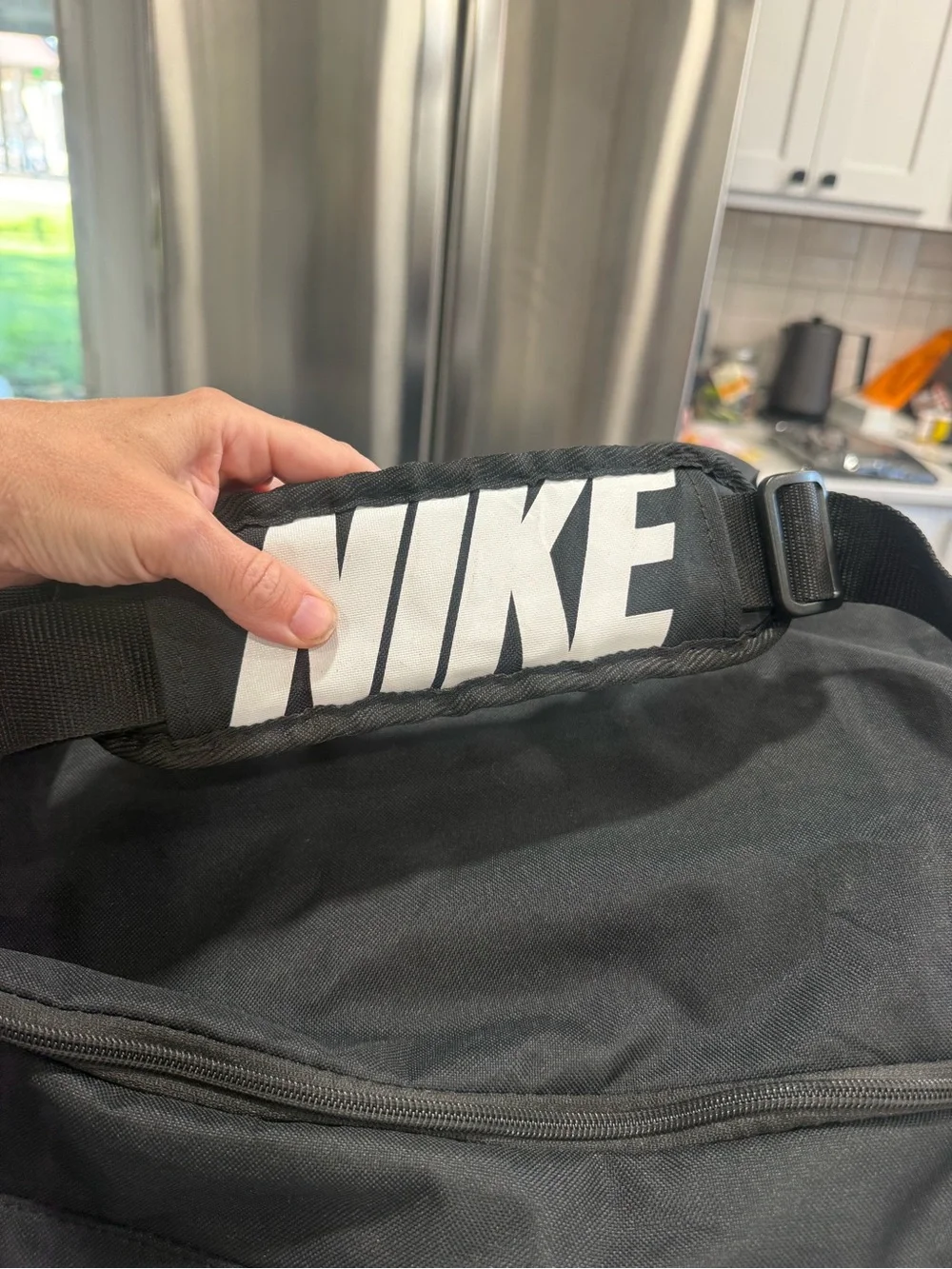 Nike Large Black Duffel Bag with White Swoosh and Logo Strap